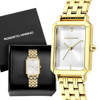 Roberto Marino RM1982 Women’s Luxury Watch Rectangular Gold – Japanese Quartz Movement, Vintage Stainless Steel Design, Silver Dial, Elegant Dress Timepiece, 3ATM Water Resistant – Reloj para Mujer