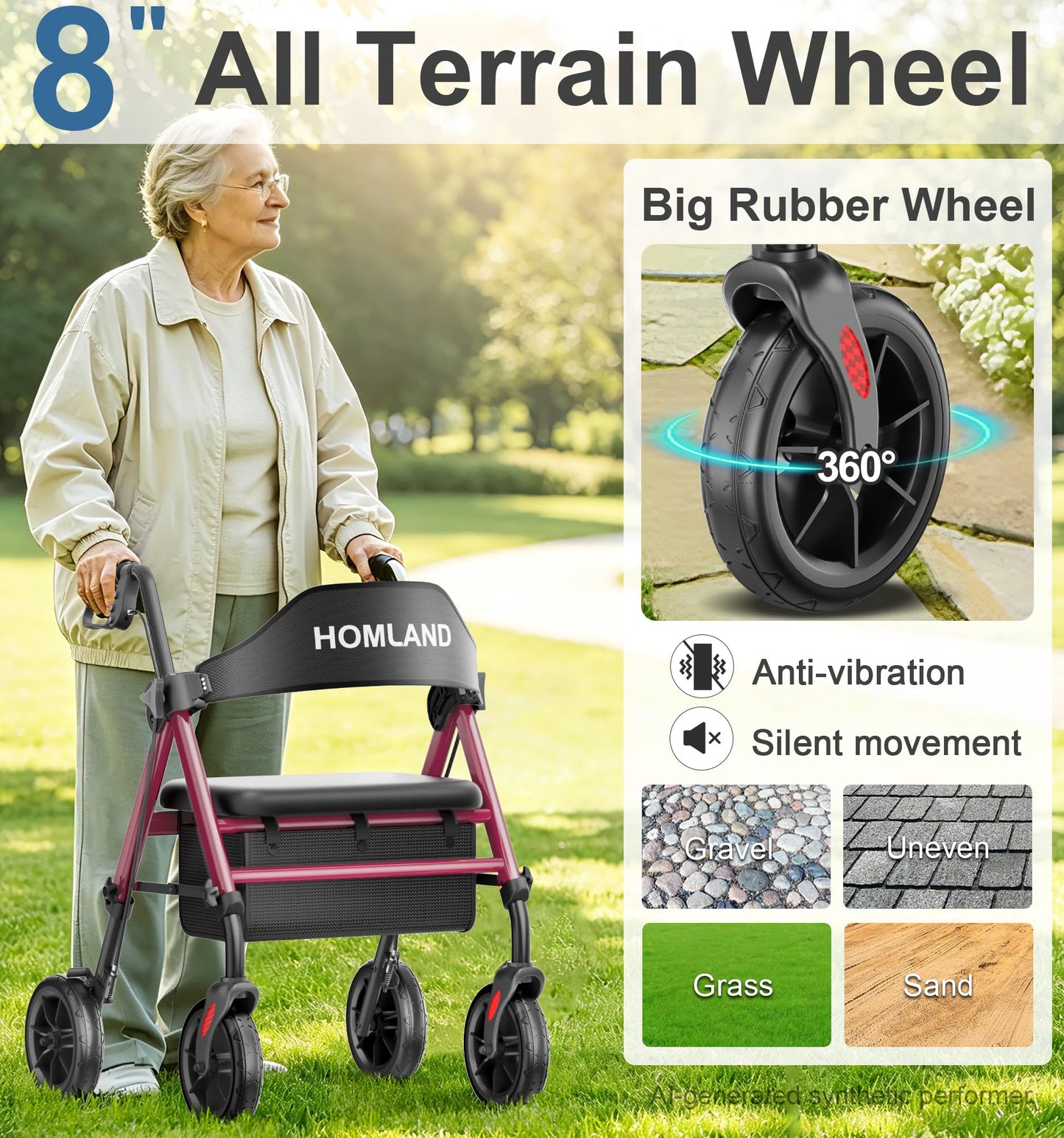 HOMLAND Walkers for Seniors with Seat, Foldable Rollator Walker, Reinforced Aluminum Frame, 8" Big Rubber Wheels for All Terrain, Height Adjustable Lightweight Rolling Walker