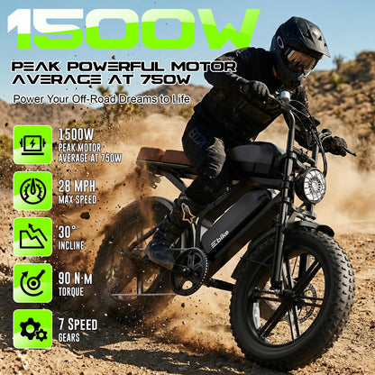 Electric Bike for Adults, Peak 1500W Motor Retro E Bike, Range 65/120Miles, 48V 15Ah Removable Battery, 20"x4" Fat Tires, Full Suspension, APP Control, Off-Road Ebike for City Commuting
