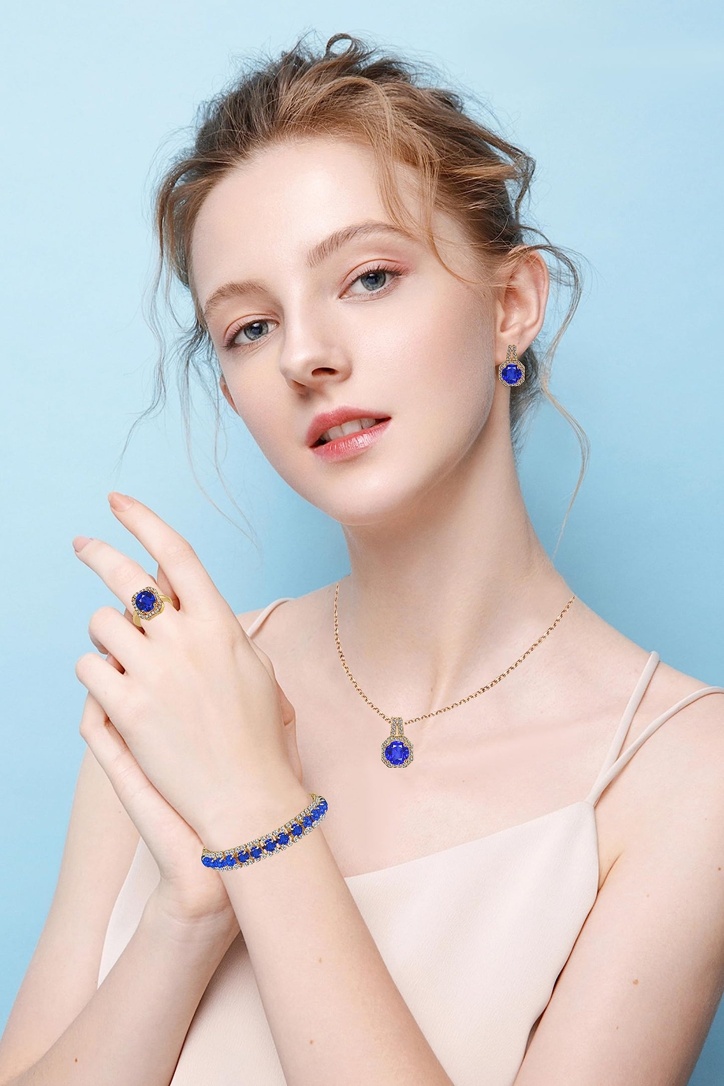 Paxuan 4pcs Cubic Zirconia Wedding Jewelry Sets for Bride Bridesmaid Cubic Zirconia Pendant Necklace Earrings Link Tennis Bracelet Open Ring Set for Women