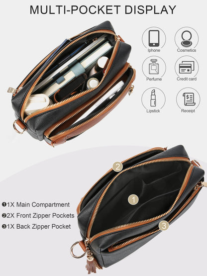 Small Leather Crossbody Bags for Women Anti theft Purses and Handbag Shoulder Hangbag with Wide Strap Tassel