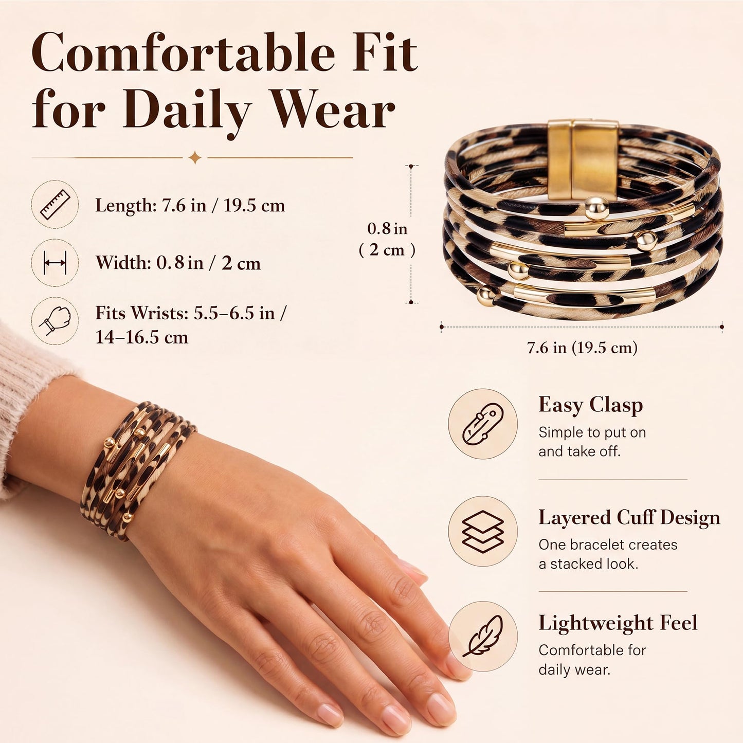 Fesciory Leopard Bracelet for Women, Boho Leather Wrap Multi-Layer Pearl Crystal Bracelet Bangle Jewelry