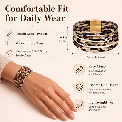 Fesciory Leopard Bracelet for Women, Boho Leather Wrap Multi-Layer Pearl Crystal Bracelet Bangle Jewelry