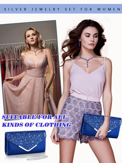 Henoyso 5 Pcs Purse Rhinestone Jewelry Set Prom Jewelry Rhinestone Clutch Purse Necklace Earrings Bracelets for Women Bride