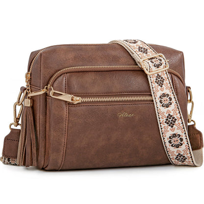 Small Leather Crossbody Bags for Women Anti theft Purses and Handbag Shoulder Hangbag with Wide Strap Tassel