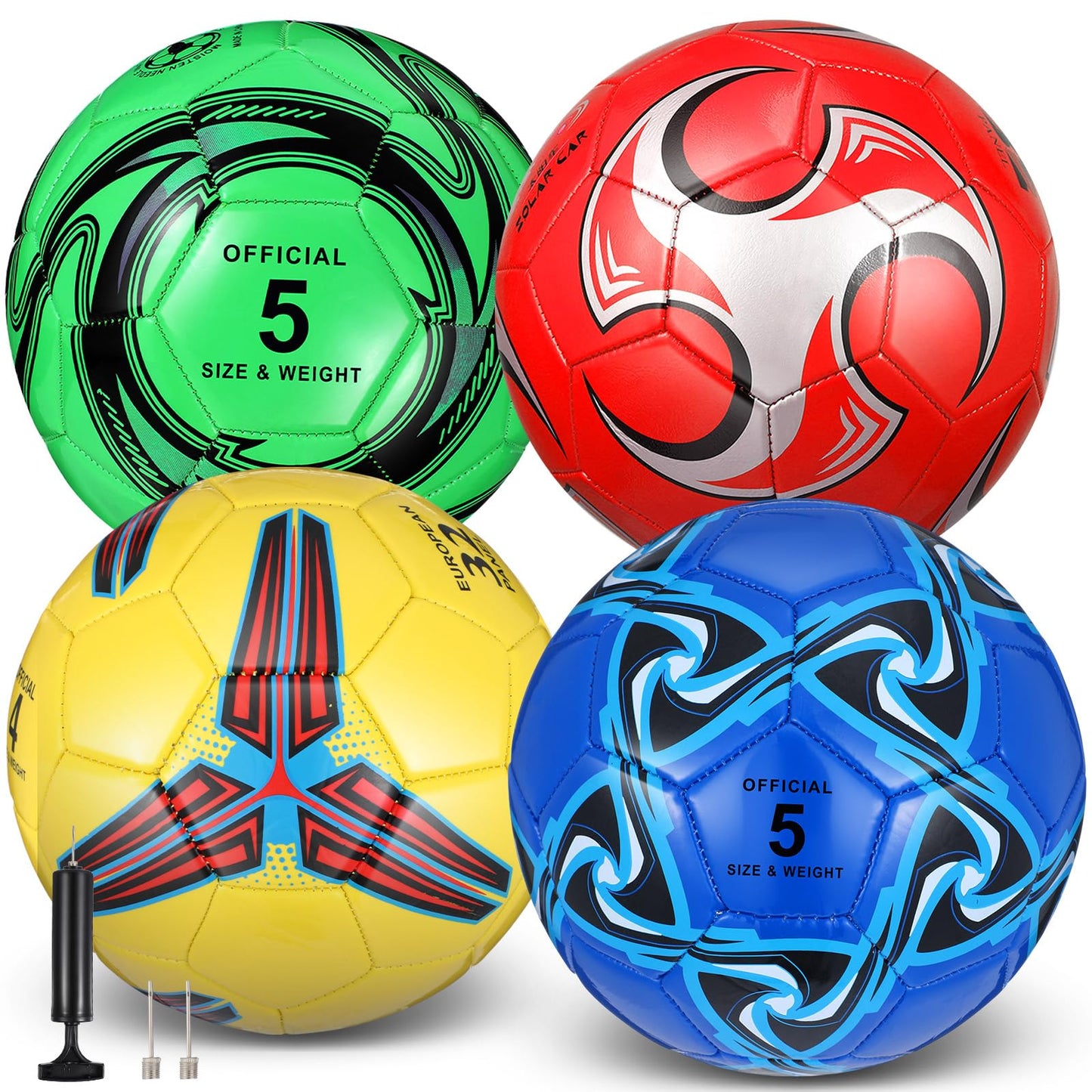 Tradder 4 Pack Soccer Ball with Pump Size 3 4 5 Deflated Soccer Ball for Outdoor Indoor Game Sport Practice Training Gift for Kid Youth Teen Adult Charity Donation