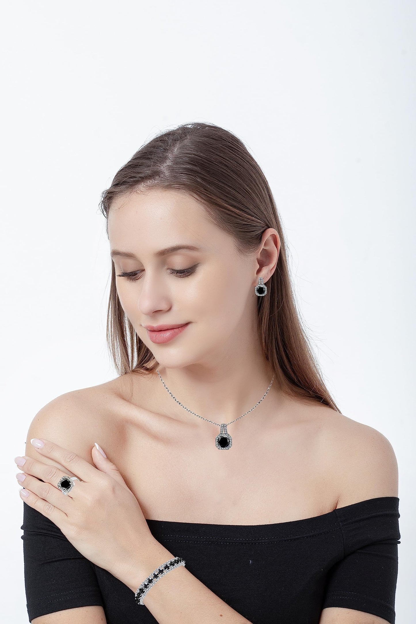Paxuan 4pcs Cubic Zirconia Wedding Jewelry Sets for Bride Bridesmaid Cubic Zirconia Pendant Necklace Earrings Link Tennis Bracelet Open Ring Set for Women