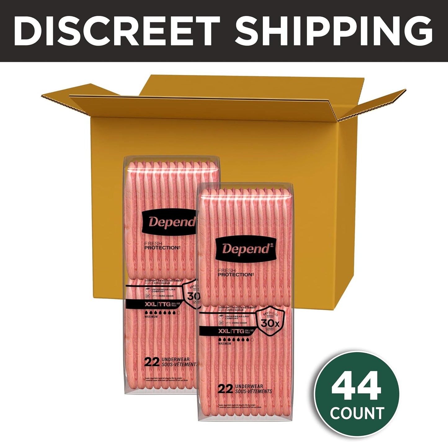 Depend Fresh Protection Adult Diapers, Incontinence Underwear for Women, Disposable, Maximum, XXL, Blush, 44 Count (2 Packs of 22), Packaging May Vary