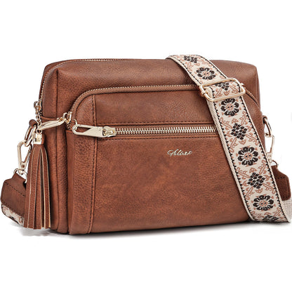 Small Leather Crossbody Bags for Women Anti theft Purses and Handbag Shoulder Hangbag with Wide Strap Tassel