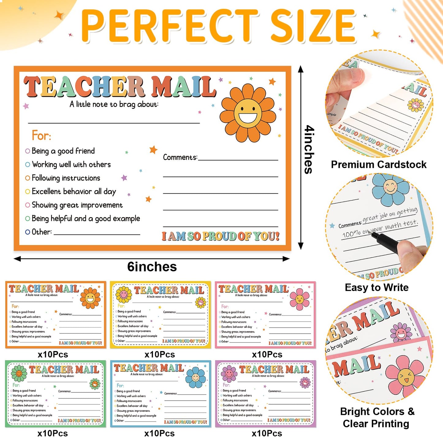 60Pcs Teacher Mail Notes to Parents, Boho Happy Mail from Teacher, Brag Cards for Students Behavior Classroom Must Haves to Send Home for Preschool Kindergarten Elementary School Supplies (Boho)