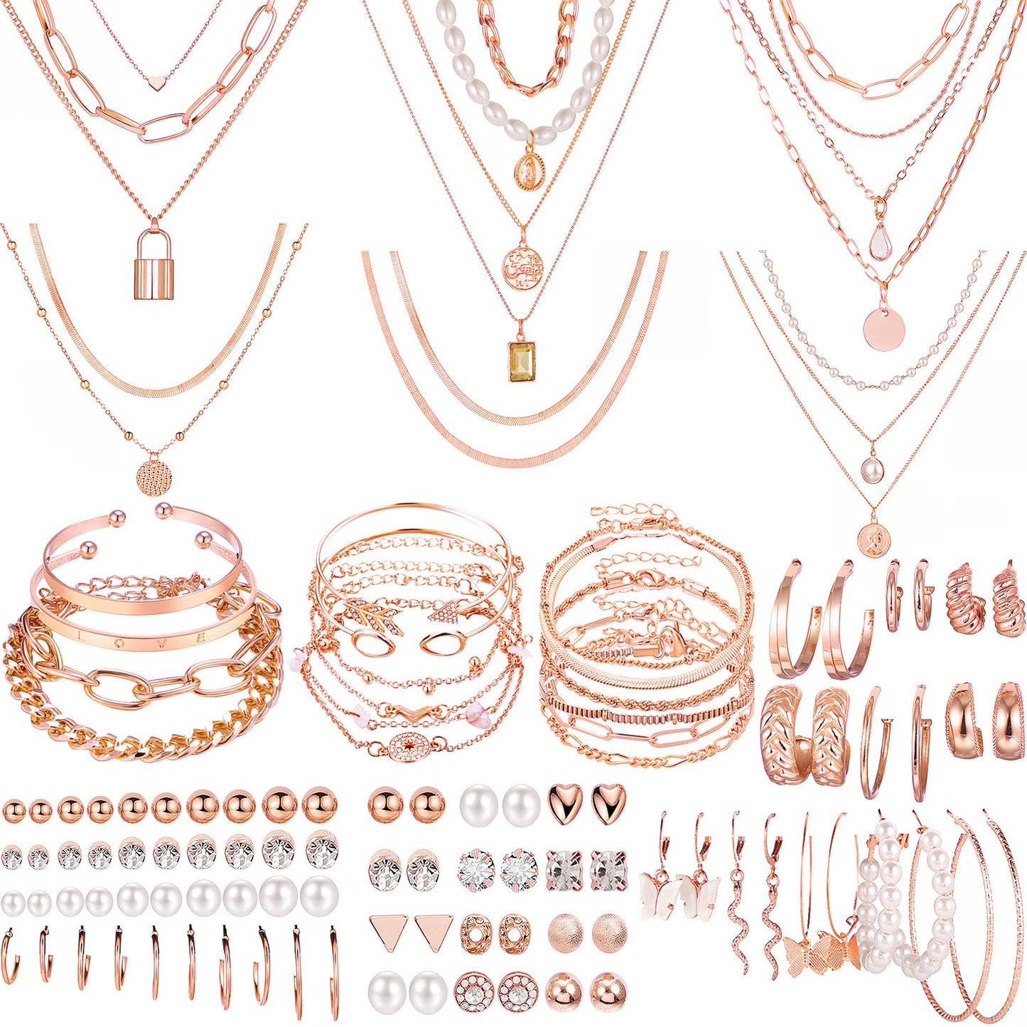 NEWITIN 69 Pieces Gold Jewelry Set for Women Fashion Costume Jewelry Gold Plated Necklace Bracelet Earrings Set for Women
