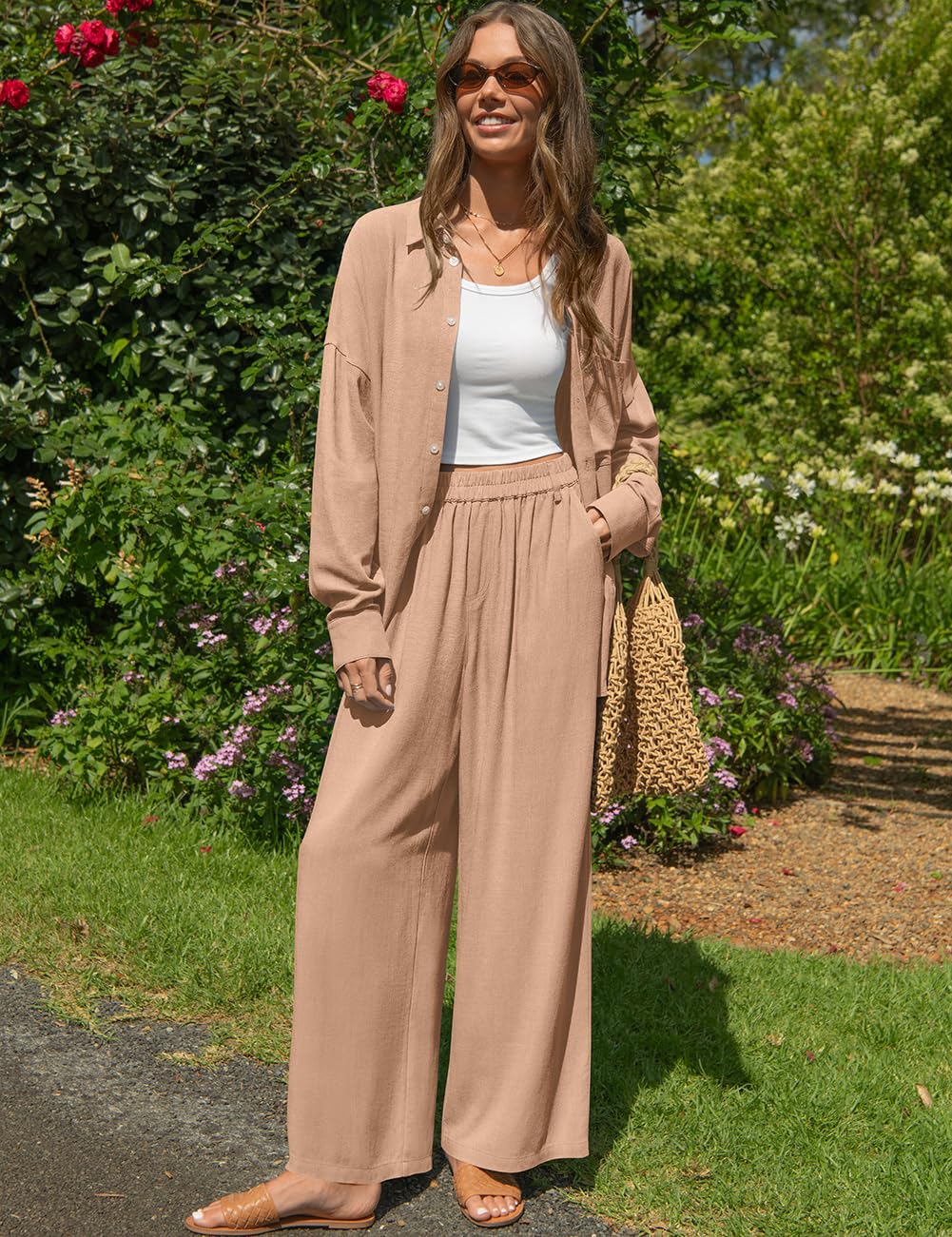 TARSE Womens Linen 2 Piece Outfits Casual Lounge Sets | Long Sleeve, Button Down Shirt and Wide Leg Pants, loose fit linen, vacation outfits with Pockets