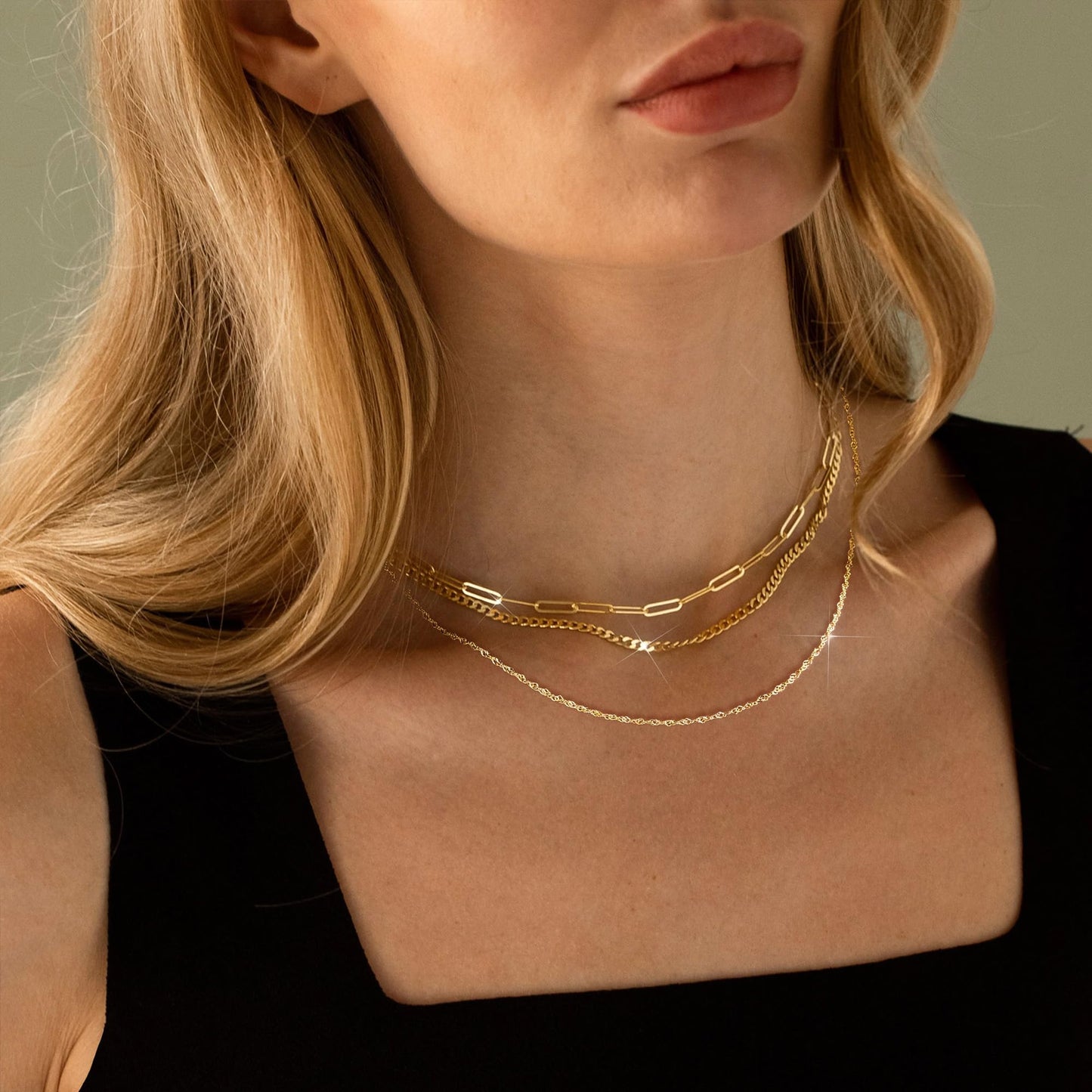 3PCS Gold Necklaces for Women,Chunky Statement Gold Plated Necklace Stack Layered Sterling Silver Herringbone Chains for Women Dainty Trendy Silver Chains Stacked Jewelry Gifts
