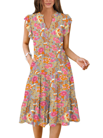 ANRABESS Womens Summer Dress Ruffle Sleeve V Neck Midi Dresses Fashion Casual Fit Flowy Tiered Boho Beach Vacation Sundress