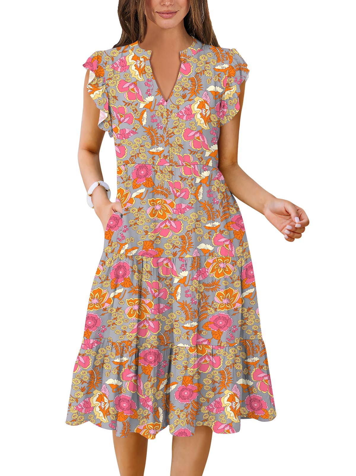 ANRABESS Womens Summer Dress Ruffle Sleeve V Neck Midi Dresses Fashion Casual Fit Flowy Tiered Boho Beach Vacation Sundress