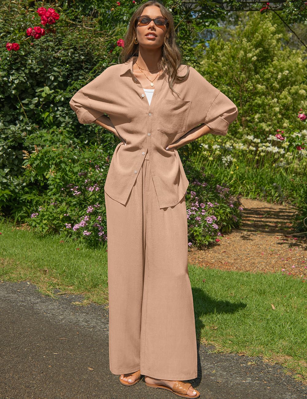 TARSE Womens Linen 2 Piece Outfits Casual Lounge Sets | Long Sleeve, Button Down Shirt and Wide Leg Pants, loose fit linen, vacation outfits with Pockets