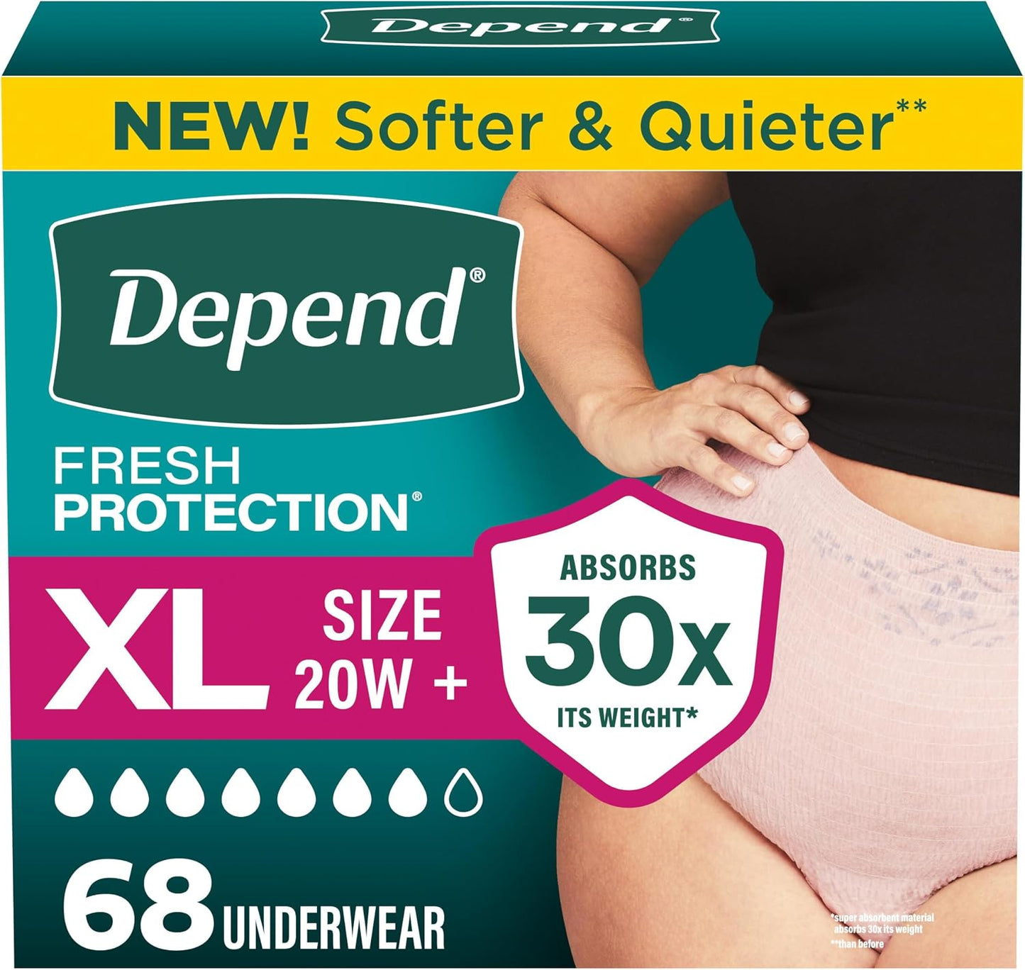 Depend Fresh Protection Adult Diapers, Incontinence Underwear for Women, Disposable, Maximum, XXL, Blush, 44 Count (2 Packs of 22), Packaging May Vary
