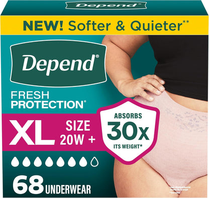 Depend Fresh Protection Adult Diapers, Incontinence Underwear for Women, Disposable, Maximum, XXL, Blush, 44 Count (2 Packs of 22), Packaging May Vary