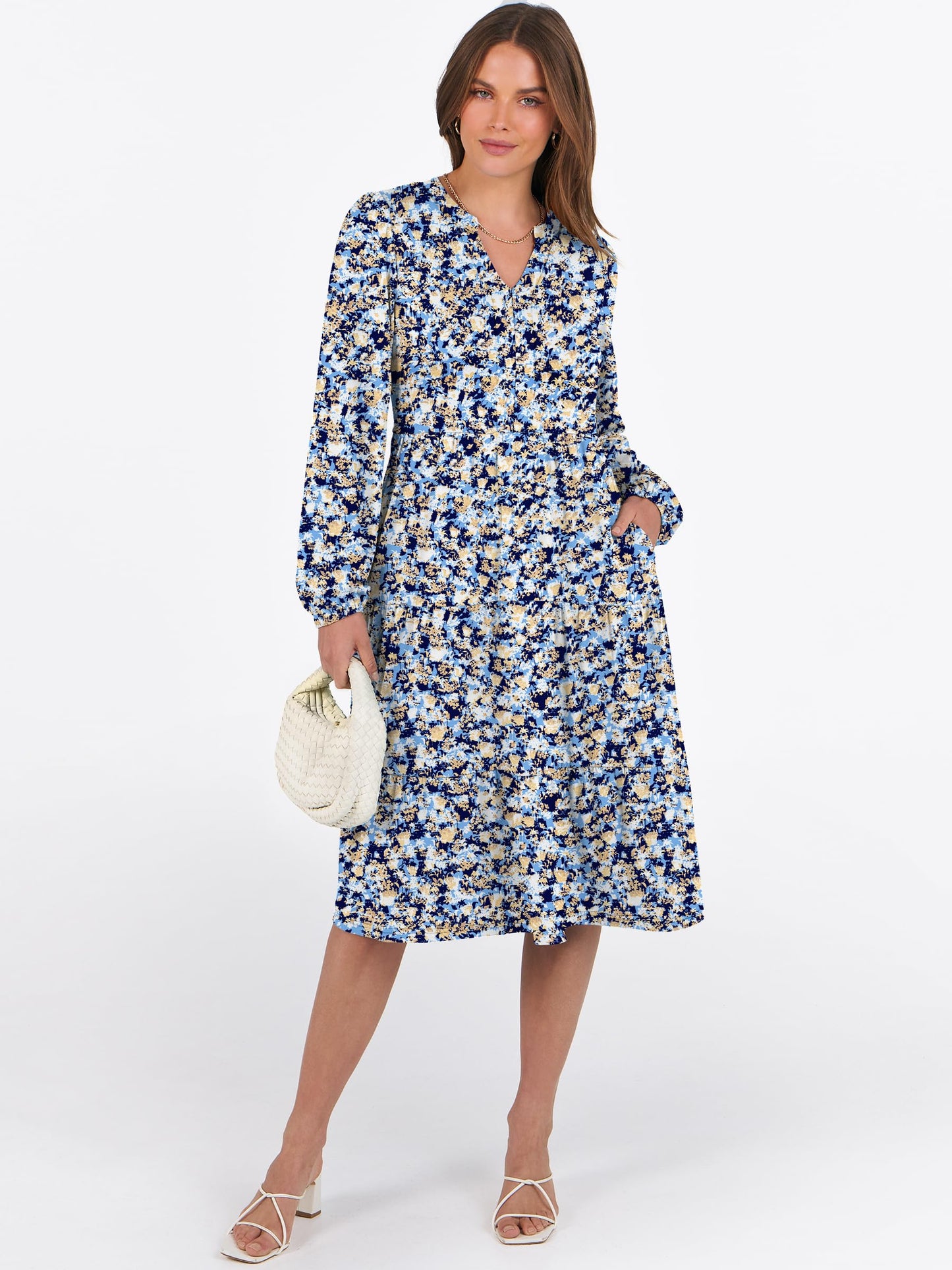 ANRABESS Womens V Neck Long Sleeve Midi Dress | Swing Flowy Tiered with Pockets, Soft Fabric, Boho Beach Vacation Dresses, Loose Fit Casual, Fall Winter Transition Clothes