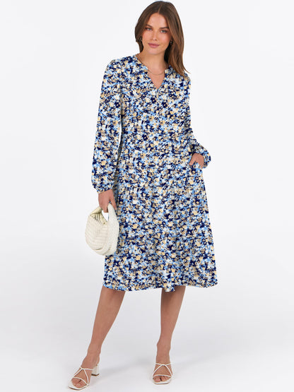 ANRABESS Womens V Neck Long Sleeve Midi Dress | Swing Flowy Tiered with Pockets, Soft Fabric, Boho Beach Vacation Dresses, Loose Fit Casual, Fall Winter Transition Clothes