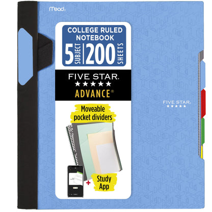 Five Star Advance Spiral Notebook + Study App, 5 Subject, College Ruled Paper, 8-1/2" x 11", 200 Sheets, Spiral Guard, Movable Tabbed Dividers, Black (73144)