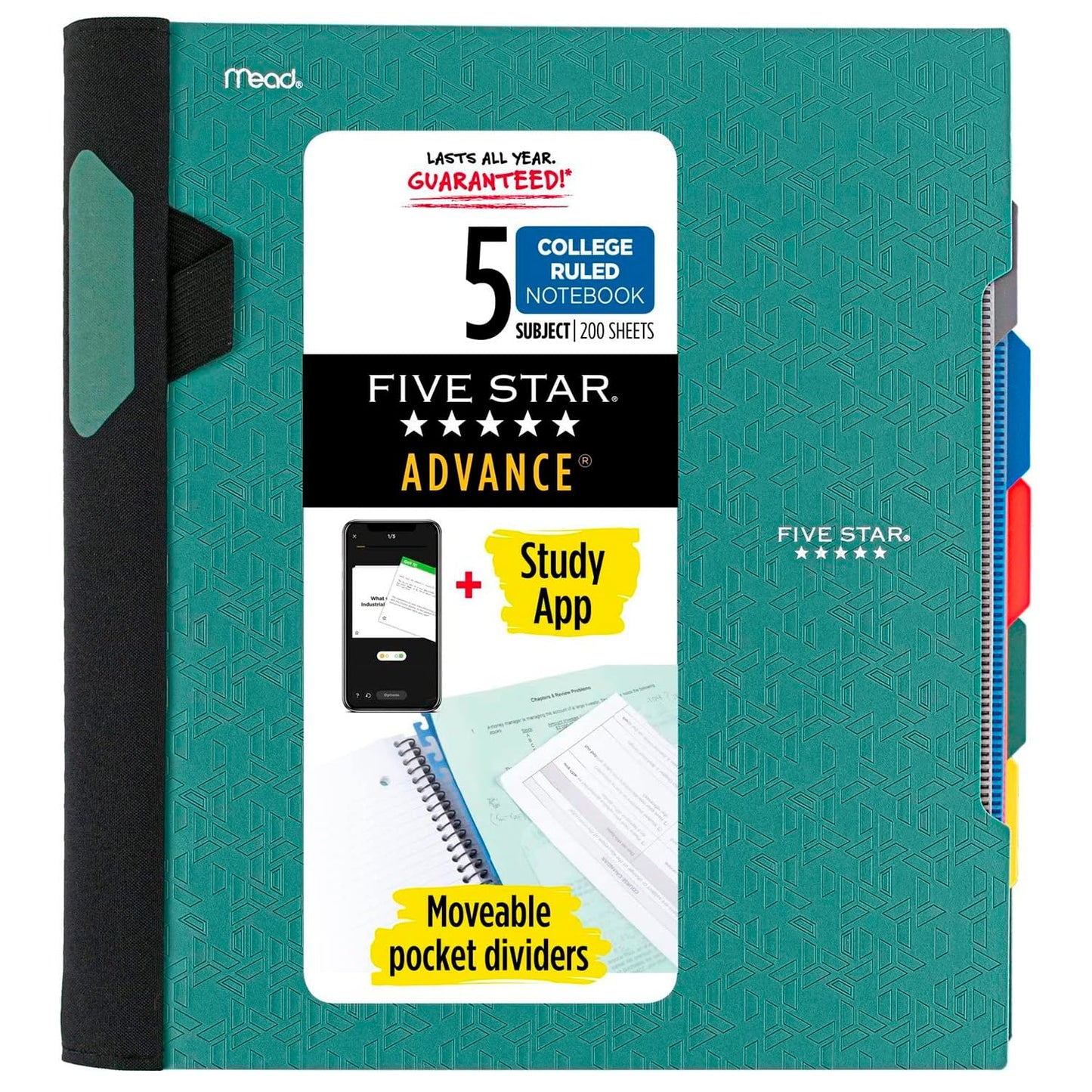 Five Star Advance Spiral Notebook + Study App, 5 Subject, College Ruled Paper, 8-1/2" x 11", 200 Sheets, Spiral Guard, Movable Tabbed Dividers, Black (73144)