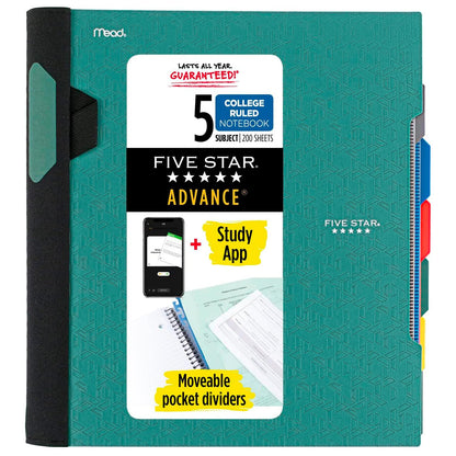Five Star Advance Spiral Notebook + Study App, 5 Subject, College Ruled Paper, 8-1/2" x 11", 200 Sheets, Spiral Guard, Movable Tabbed Dividers, Black (73144)
