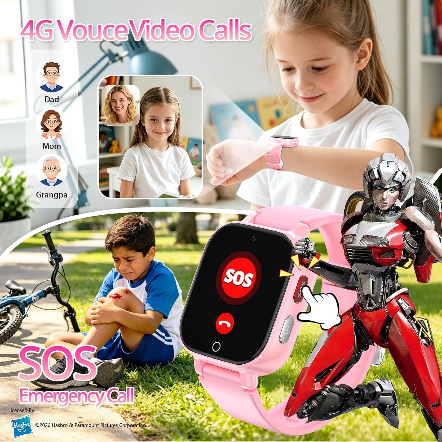 Transformers 4G Kids Smart Watch Phone, GPS, Video Call, Waterproof - Pink | Smartwatch for Boys Girls Ages 4-12, Class Mode, SOS, Camera, Alarm, Touch Screen, Gifts with Bonus Woven Strap & SIM Card