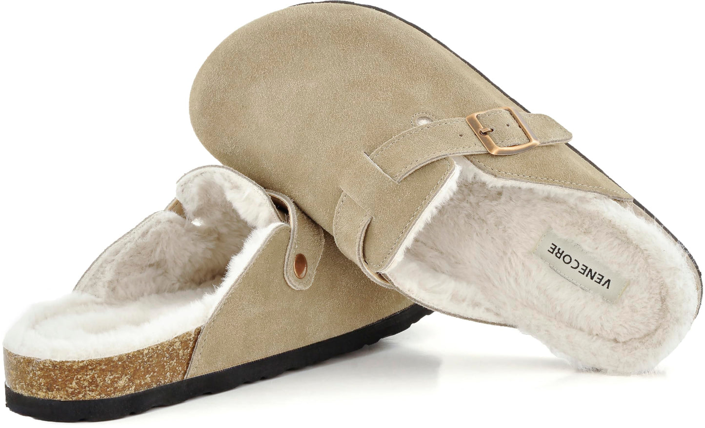 Erica Women's Cork Footbed Clogs Genuine Soft Suede Fuzzy Faux Fur Lined Comfort Cushioned Mule Slide Shoes