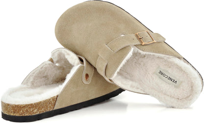Erica Women's Cork Footbed Clogs Genuine Soft Suede Fuzzy Faux Fur Lined Comfort Cushioned Mule Slide Shoes