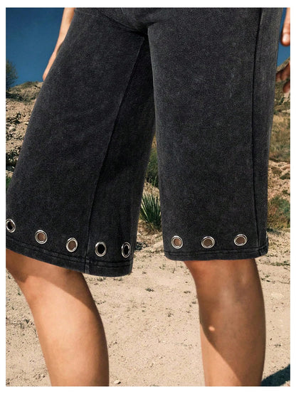 Verdusa Women's Fold Over Shorts Carpi Pants Washed Grommet Bermuda Shorts Gaucho Pants Going Out