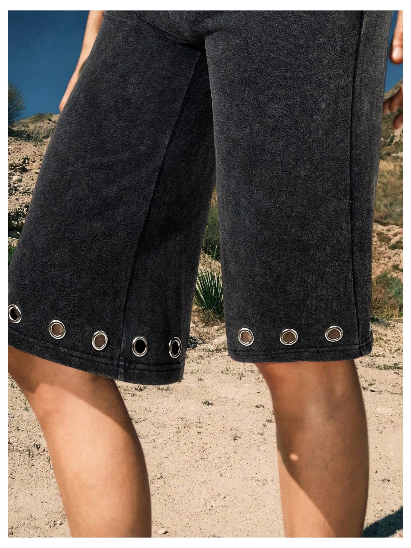 Verdusa Women's Fold Over Shorts Carpi Pants Washed Grommet Bermuda Shorts Gaucho Pants Going Out