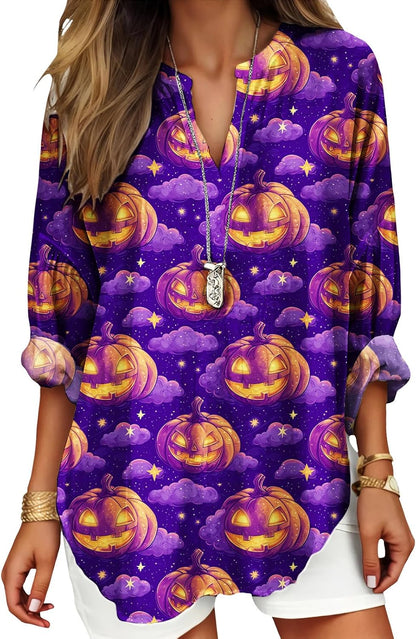 Womens Bohemian Print Tunic Top Cotton Blend V Neck Long Sleeve Loose Fit Casual Blouse for Summer Beach Vacation