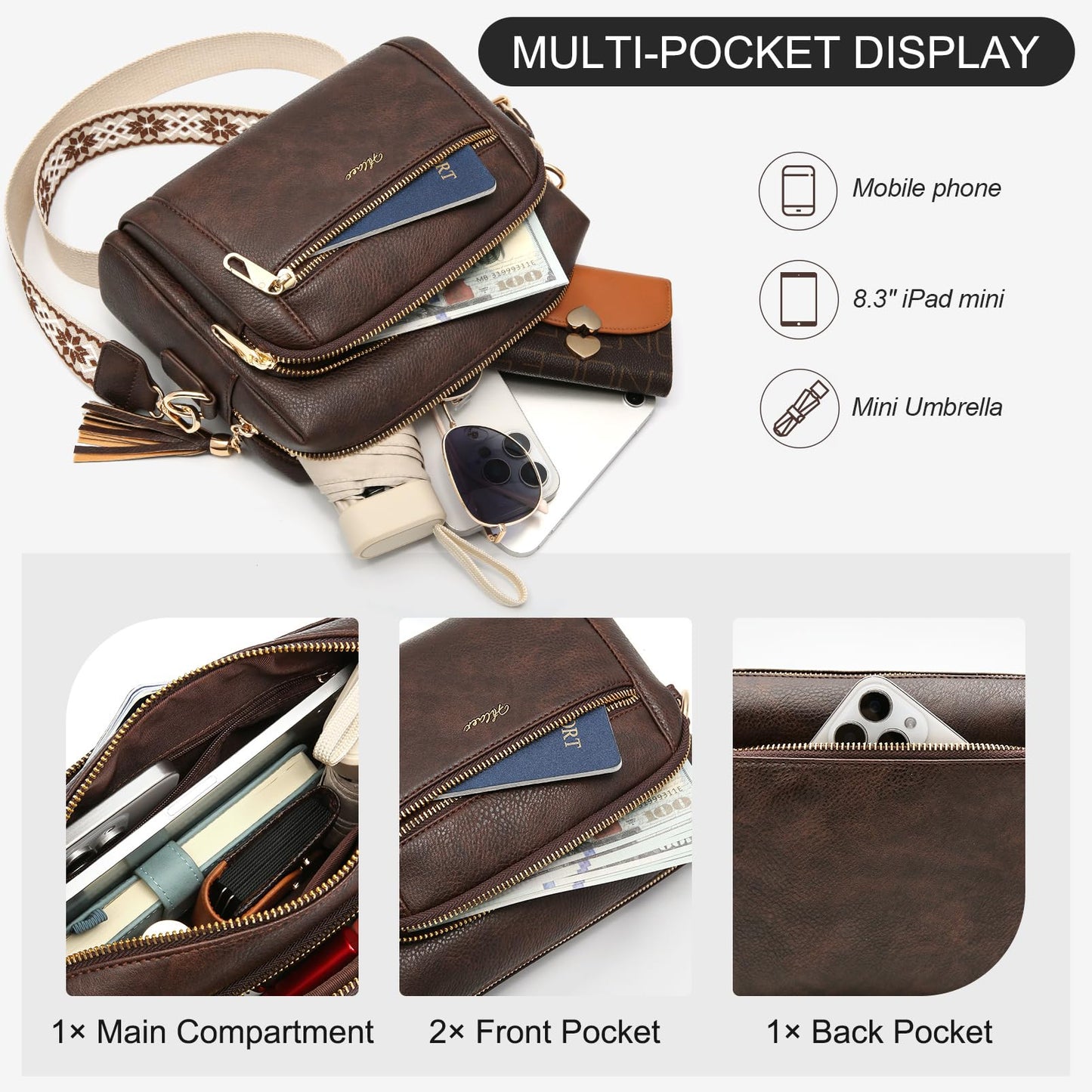 Small Leather Crossbody Bags for Women Anti theft Purses and Handbag Shoulder Hangbag with Wide Strap Tassel