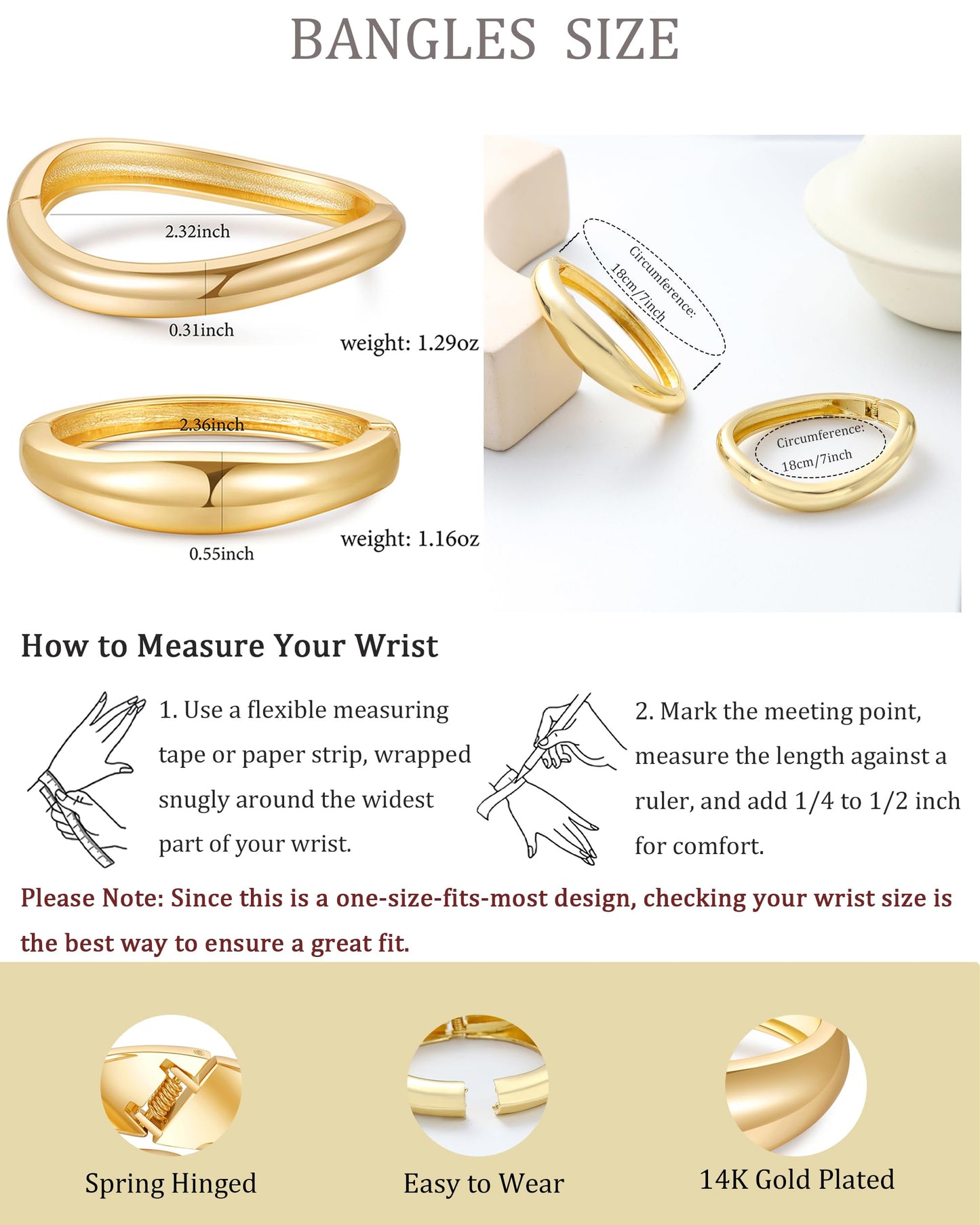 2pcs Gold Bangle Bracelets for Women, Trendy Hinged Cuff Open Wide Chunky Gold Bracelet Stack Arm Cuff Jewelry for Women