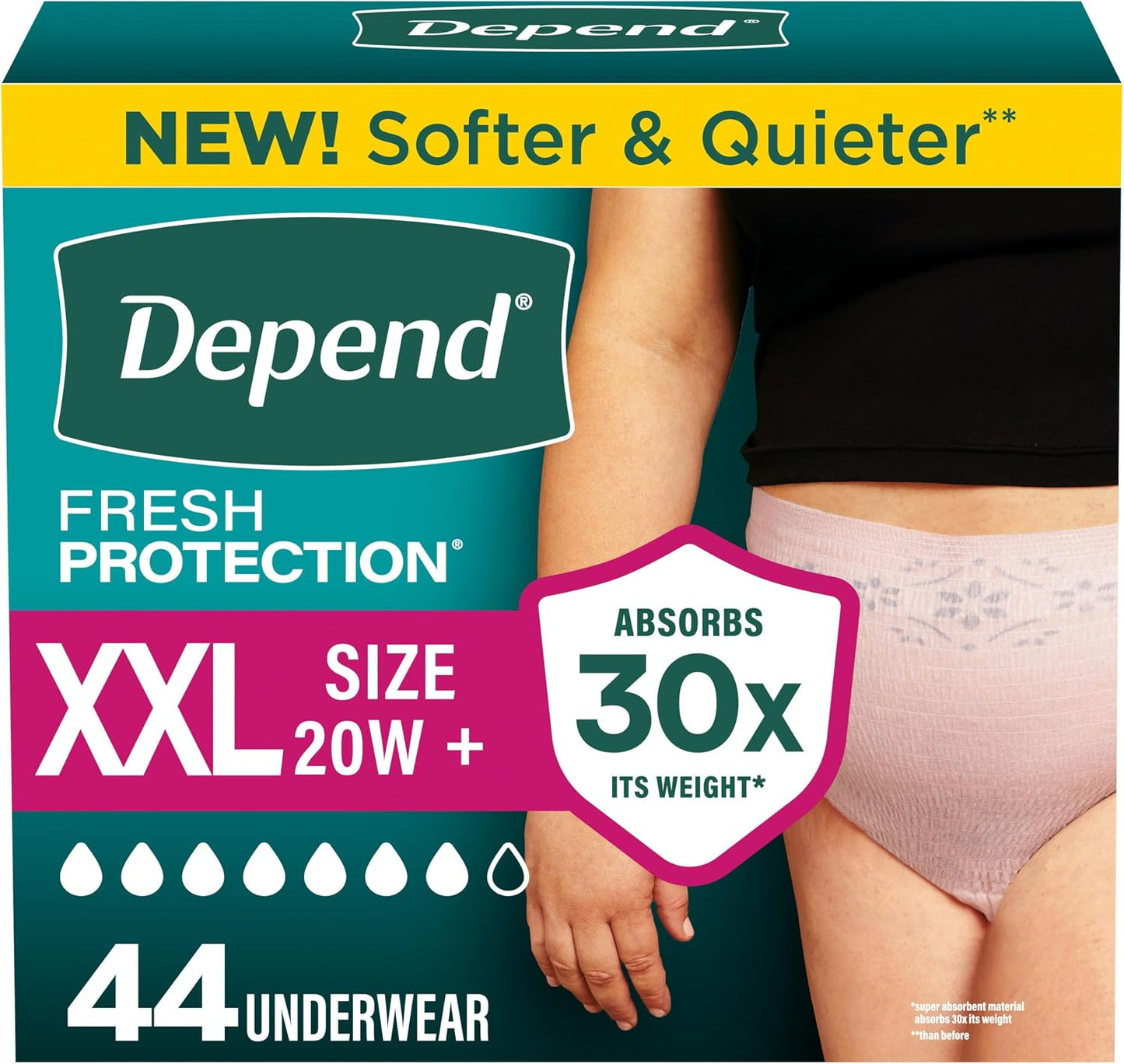 Depend Fresh Protection Adult Diapers, Incontinence Underwear for Women, Disposable, Maximum, XXL, Blush, 44 Count (2 Packs of 22), Packaging May Vary