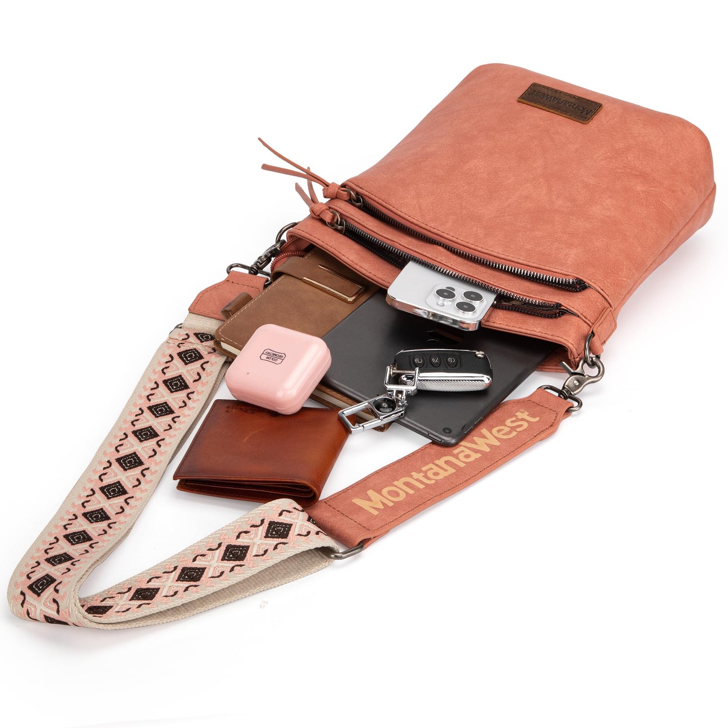Montana West Multi Zip Pocket Crossbody Bag With Guitar Strap