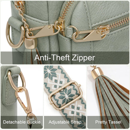 Small Leather Crossbody Bags for Women Anti theft Purses and Handbag Shoulder Hangbag with Wide Strap Tassel