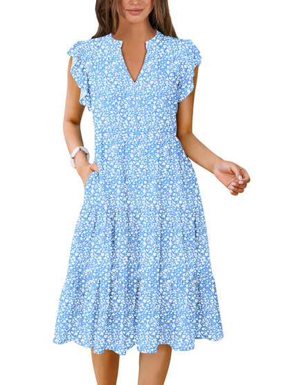 ANRABESS Womens Summer Dress Ruffle Sleeve V Neck Midi Dresses Fashion Casual Fit Flowy Tiered Boho Beach Vacation Sundress