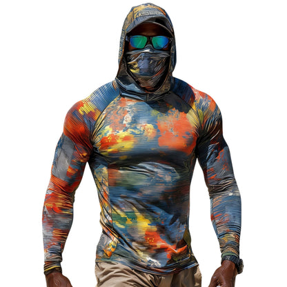 Sun Protection Shirts for Men UPF 100+ Long Sleeve Hoodie with Mask Shirts | Camouflage Outdoor Fishing Tees Cooling Raglan Shirts