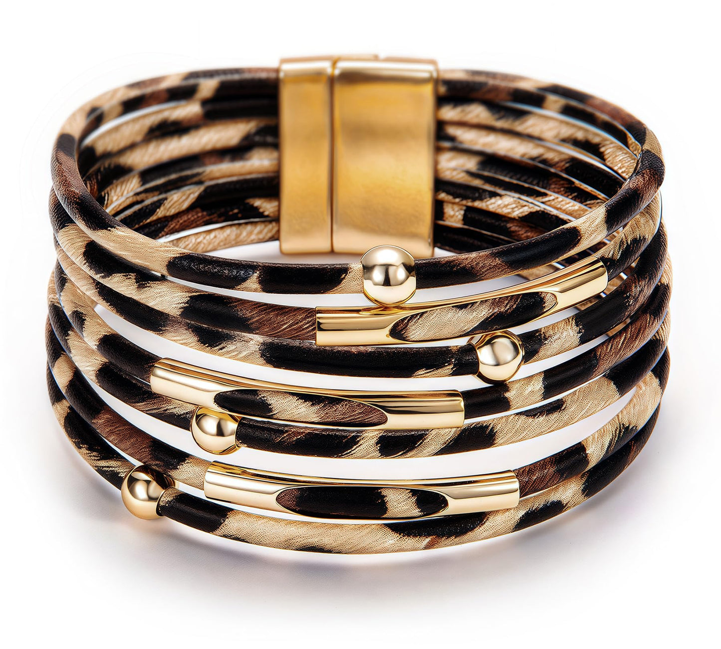Fesciory Leopard Bracelet for Women, Boho Leather Wrap Multi-Layer Pearl Crystal Bracelet Bangle Jewelry