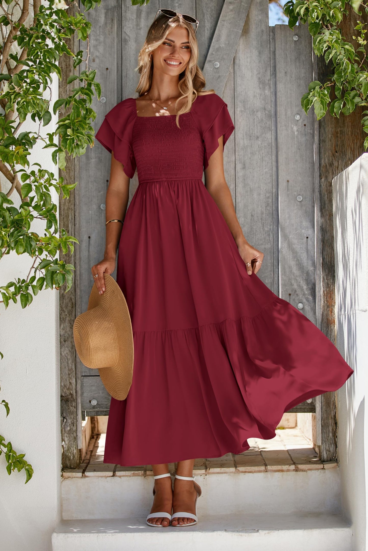 MASCOMODA Womens Summer Casual Midi Dress Square Neck Ruffle Short Sleeve Smocked High Waist A Line Wedding Guest Dresses