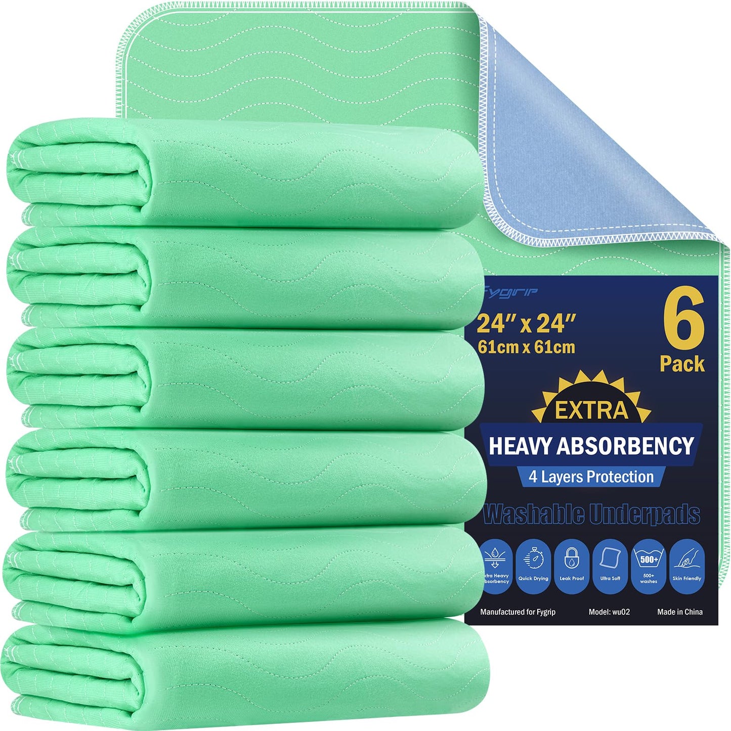 4 Pack 24” x 24” Extra Heavy Absorbency Washable Underpads, Waterproof Nursing Pads Incontinence Bed Pads, Reusable Washable Pee Pads for Dogs, Diaper Changing & Adults, Washable Puppy Pads