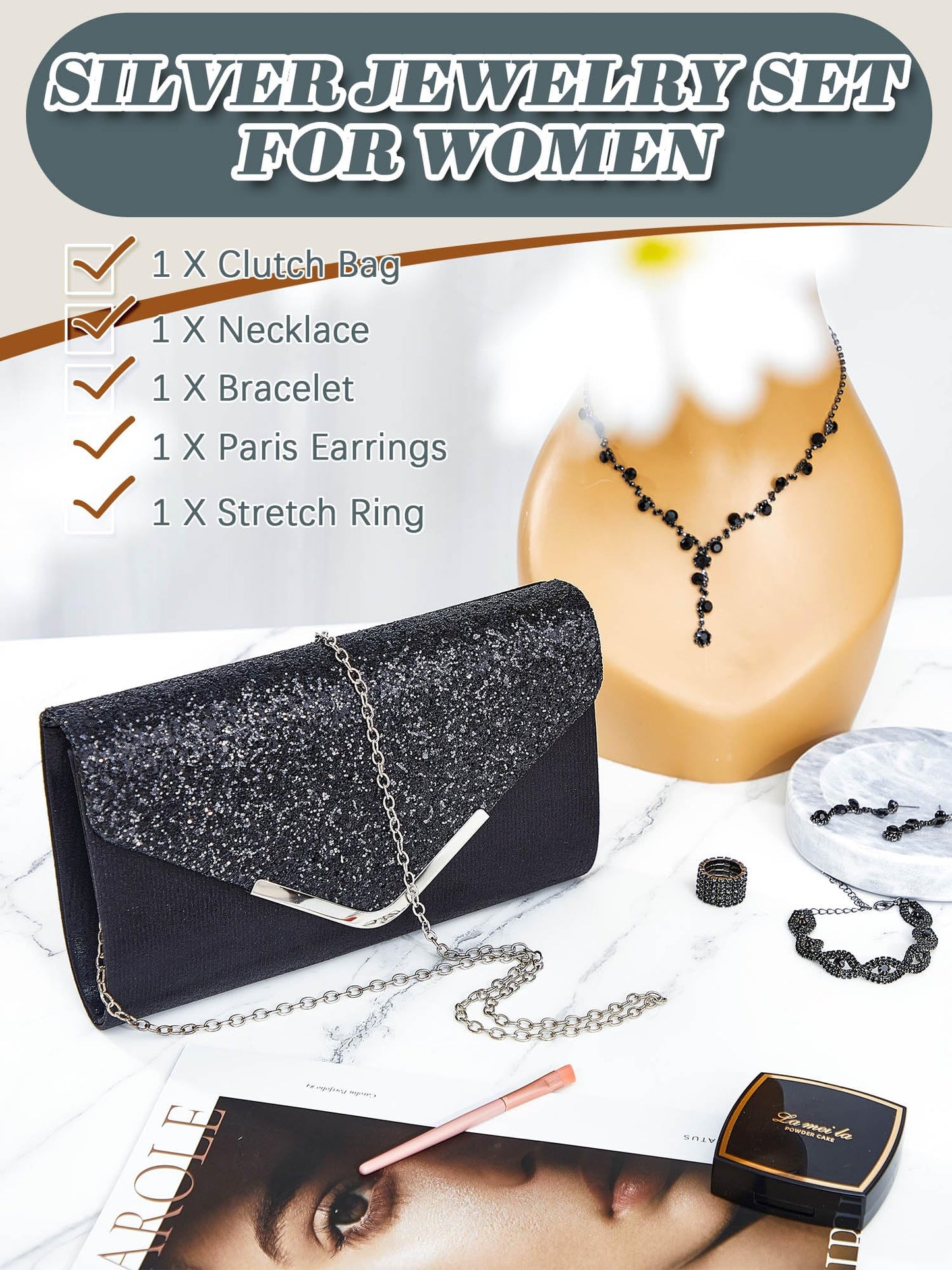 Henoyso 5 Pcs Purse Rhinestone Jewelry Set Prom Jewelry Rhinestone Clutch Purse Necklace Earrings Bracelets for Women Bride