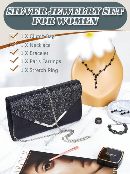 Henoyso 5 Pcs Purse Rhinestone Jewelry Set Prom Jewelry Rhinestone Clutch Purse Necklace Earrings Bracelets for Women Bride