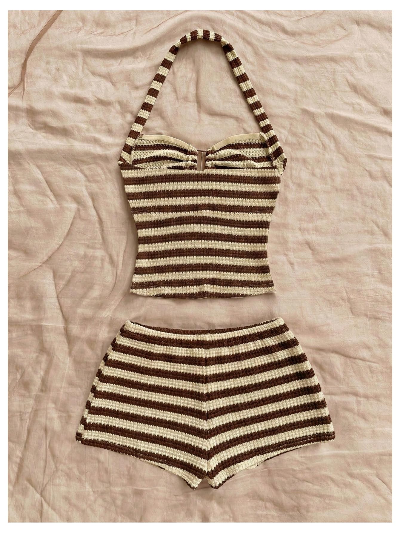 SOLY HUX Women's Summer 2 Piece Outfits Striped Crochet Halter Top Mini Shorts Set Beach Vacation Y2K Sets