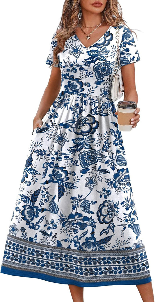 OFEEFAN Summer Dresses for Women Flowy Casual A-Line Midi Dress Beach Vacation Sundresses with Pockets S-2XL
