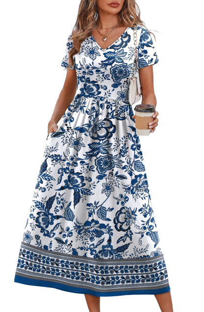 OFEEFAN Summer Dresses for Women Flowy Casual A-Line Midi Dress Beach Vacation Sundresses with Pockets S-2XL
