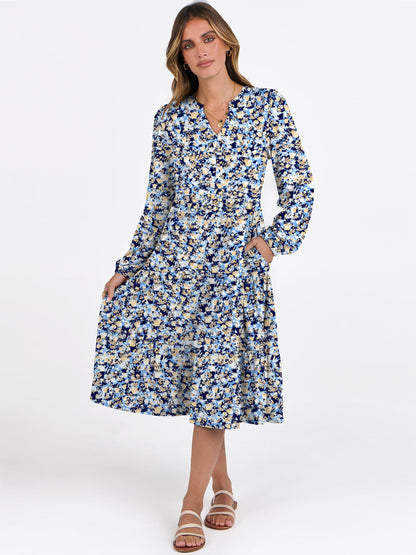 ANRABESS Womens V Neck Long Sleeve Midi Dress | Swing Flowy Tiered with Pockets, Soft Fabric, Boho Beach Vacation Dresses, Loose Fit Casual, Fall Winter Transition Clothes