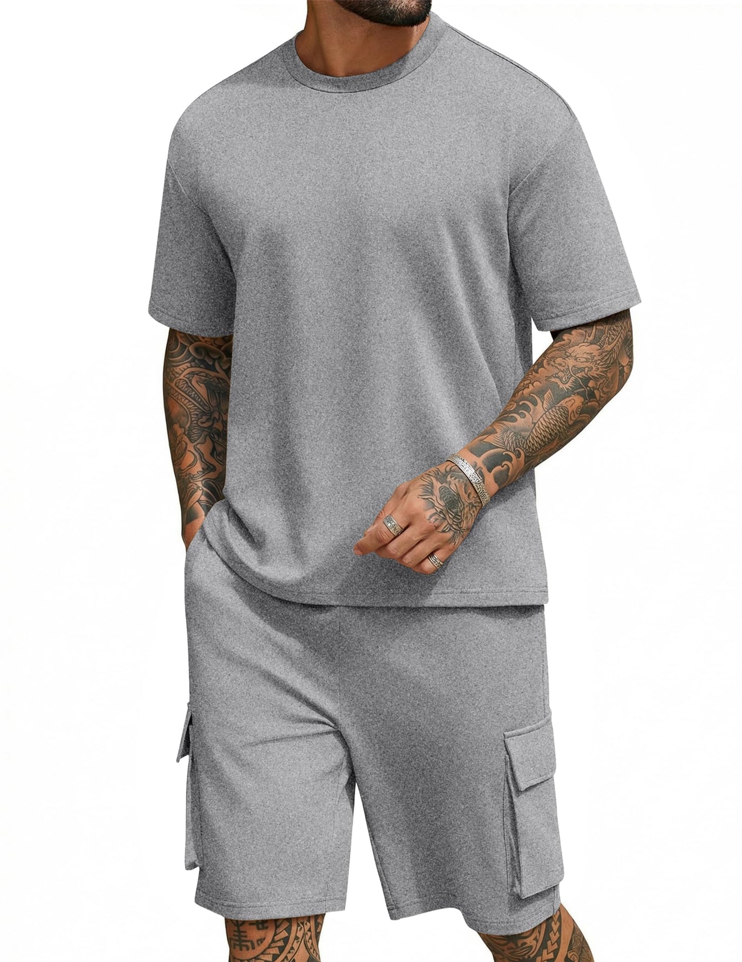 COOFANDY Men's Shirt and Shorts Set 2 Piece Fashion Summer Tracksuits Cotton Oversized T-Shirts Cargo Shorts Outfits